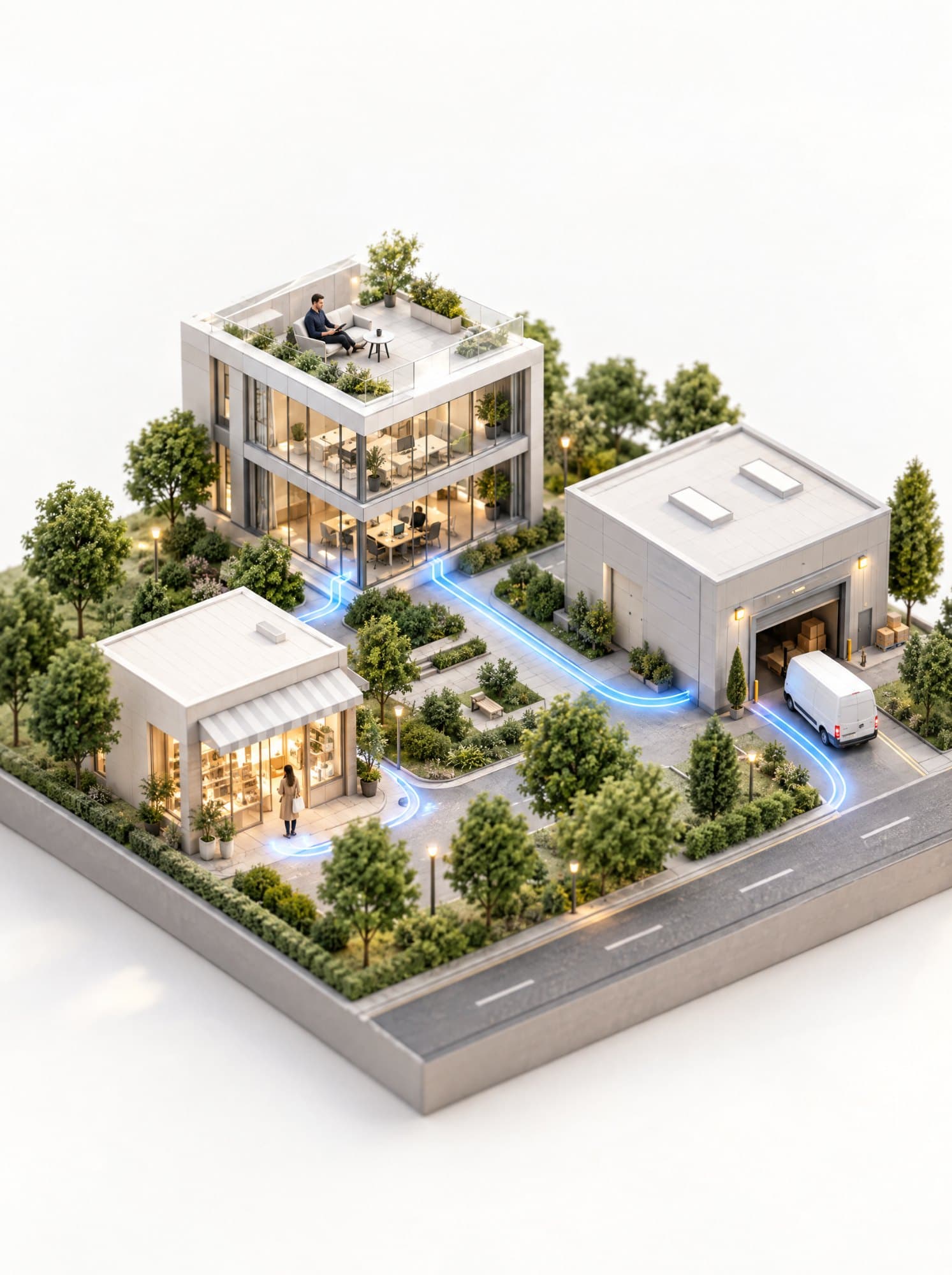 Maqueta de un negocio: oficina, tienda y bodega conectadas